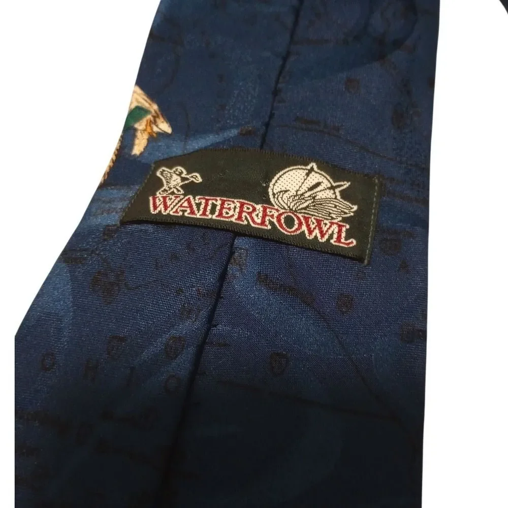 Waterfowl Mens Navy Blue Mallard Duck Map Print Silk Necktie Midwest Hunting Tie